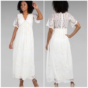 PINKBLUSH Elegant White Lace Mesh Overlay Maternity Friendly Maxi Dress ~ NWOT